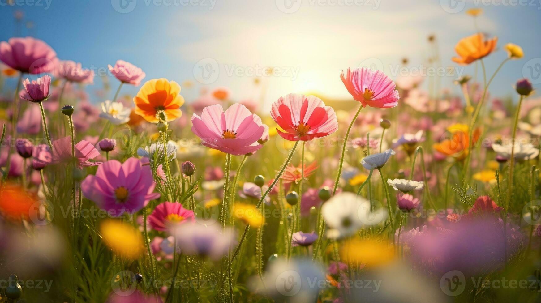 AI generated Flower field in sunlight, spring or summer garden background photo