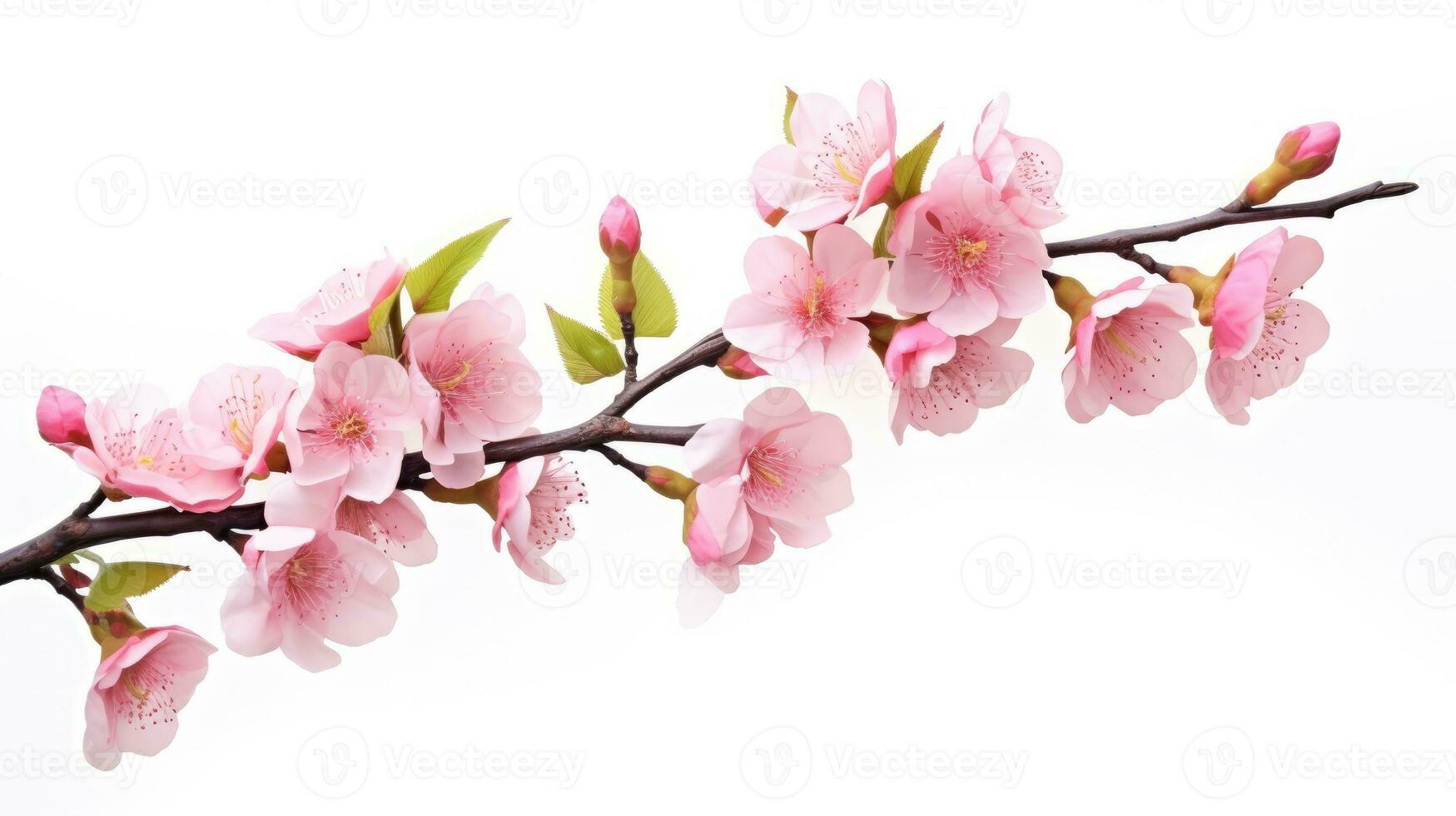 AI generated Pink cherry blossom on white background, isolated Sakura tree branch photo