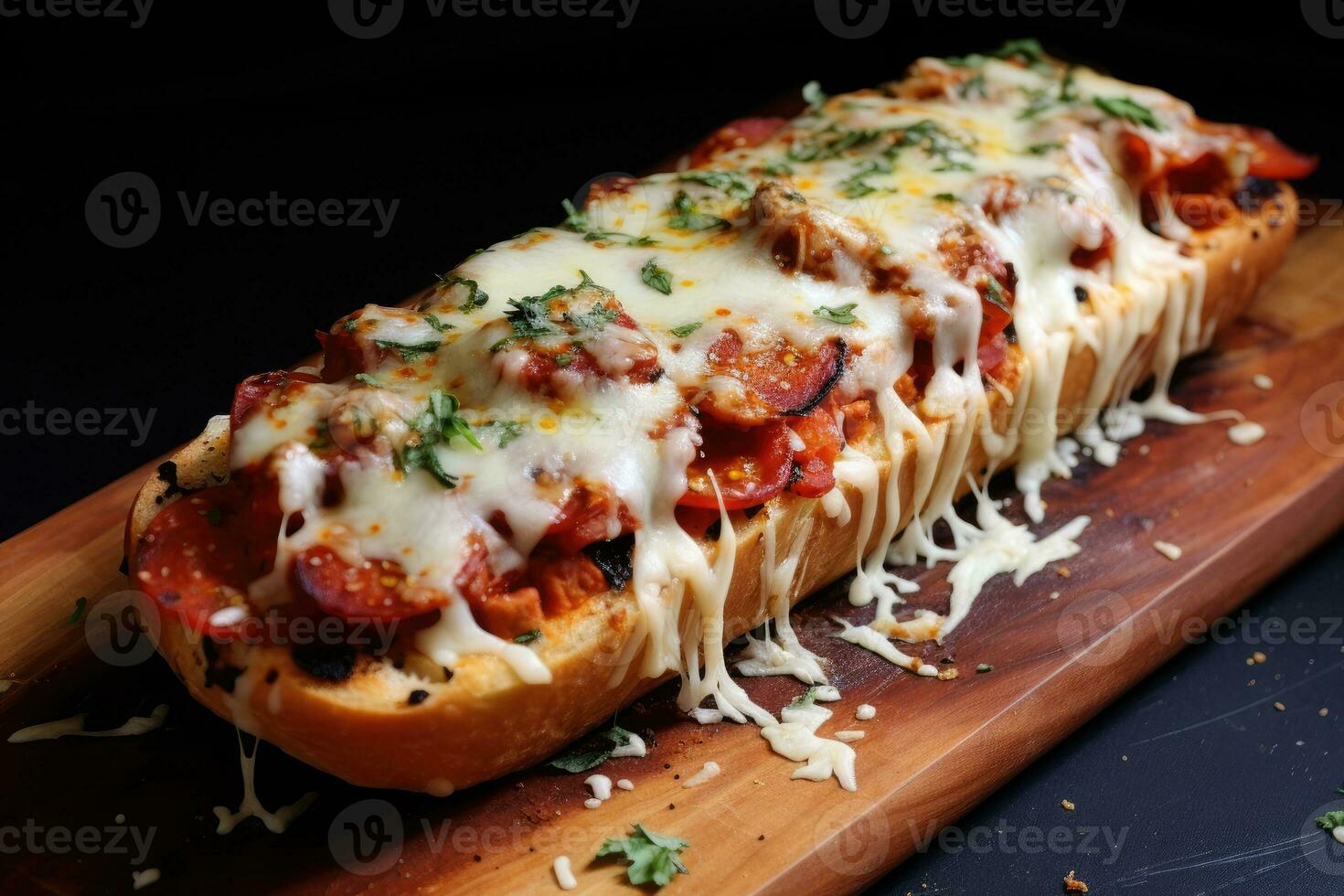 AI generated Baked Baguette. French bread pizza on a wooden cutting board photo