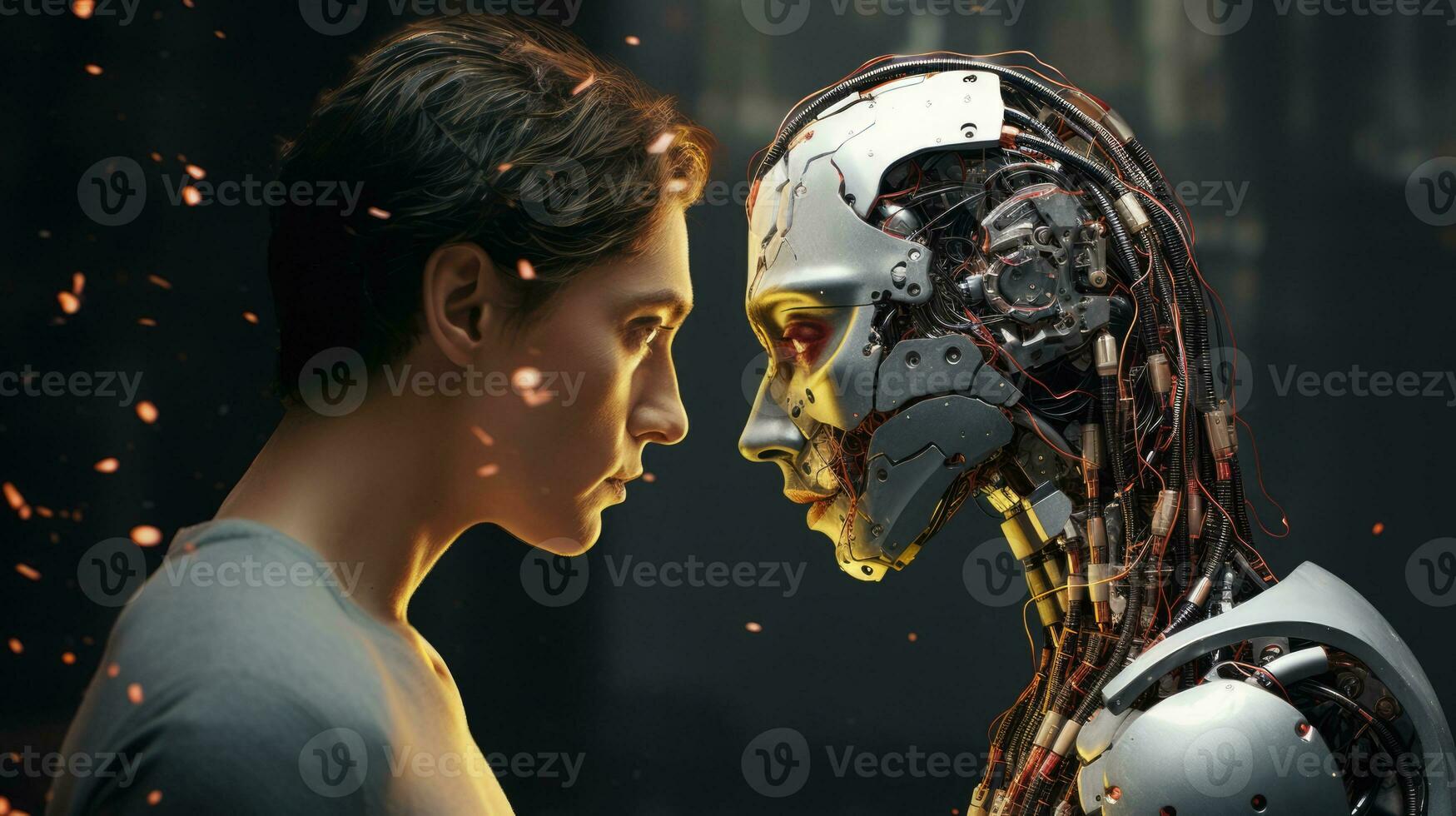 Artificial intelligence android and male human look at each other. Rivalry. Communication conflict concept. AI Generated photo