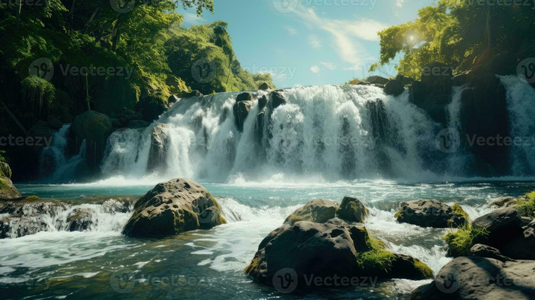 Beautiful tropical waterfalls. Streams of water running down the river. AI Generated photo