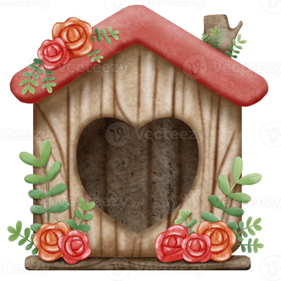 Bird house with heart shape entry decorated with roses png