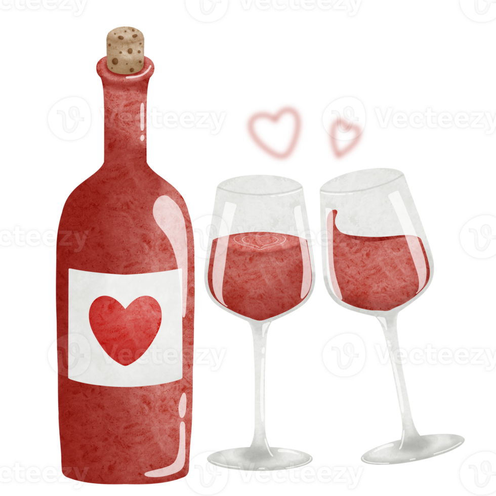 dos lentes de vino y un botella de rojo vino con corazón etiqueta png