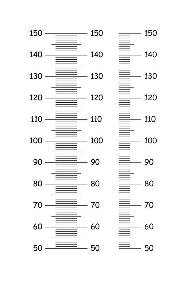 Kids height charts from 50 to 150 centimeters. Templates for wall growth sticker. Set of meter wall or growth ruler. vector
