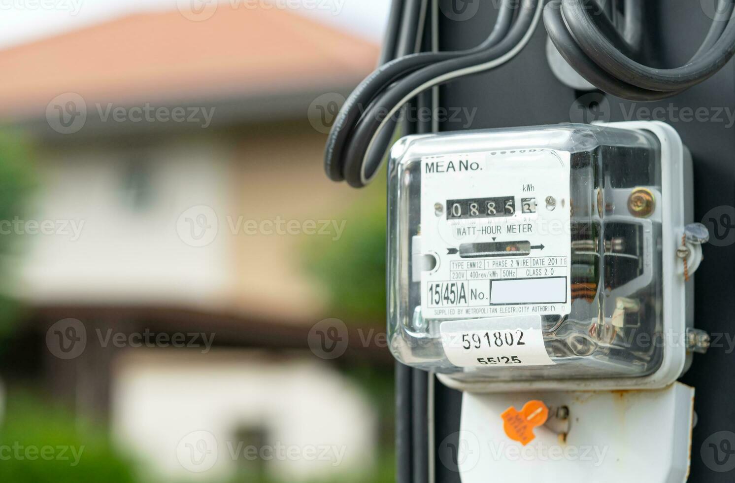 Bangkok, Thailand March 20, 2023,Electric measuring power meter for energy cost at home and office. photo