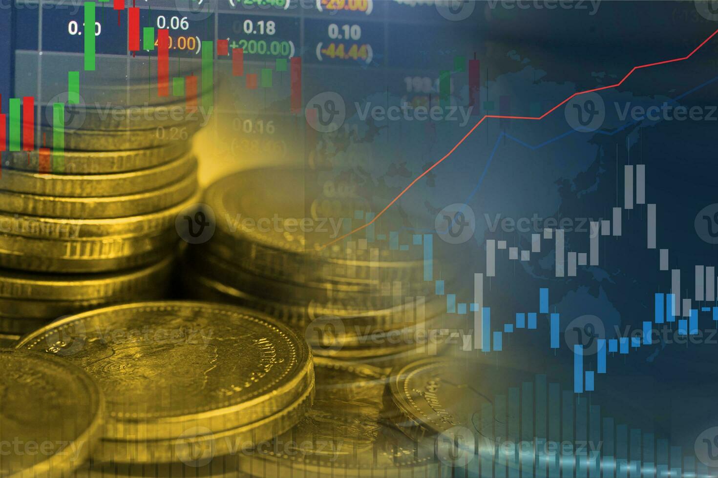 Stock market investment trading financial, coin and graph chart or Forex for analyze profit finance business trend data background. photo