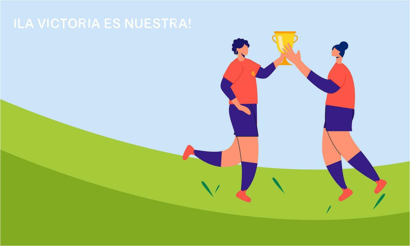 Español fútbol americano jugadores celebrando su victoria a el mundo taza ilustración vector