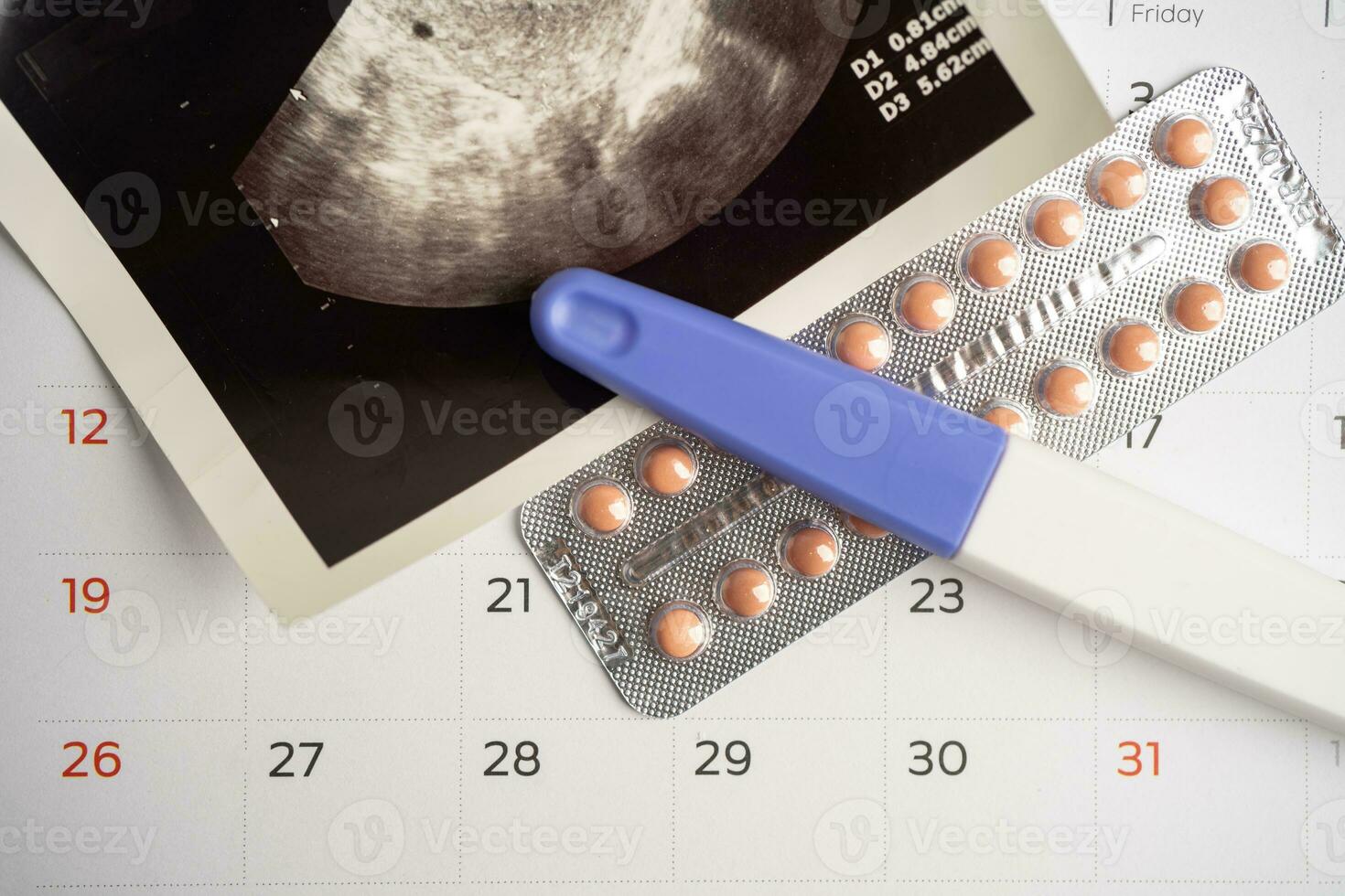 Pregnancy test and birth control pills with ultrasound scan of baby uterus, contraception health and medicine. photo