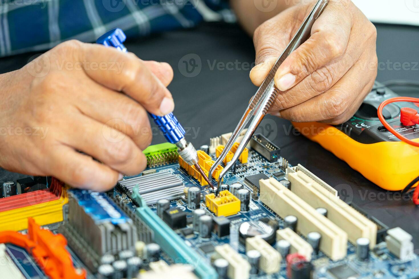 Repairing and upgrade circuit mainboard of notebook, electronic, computer hardware and technology concept. photo