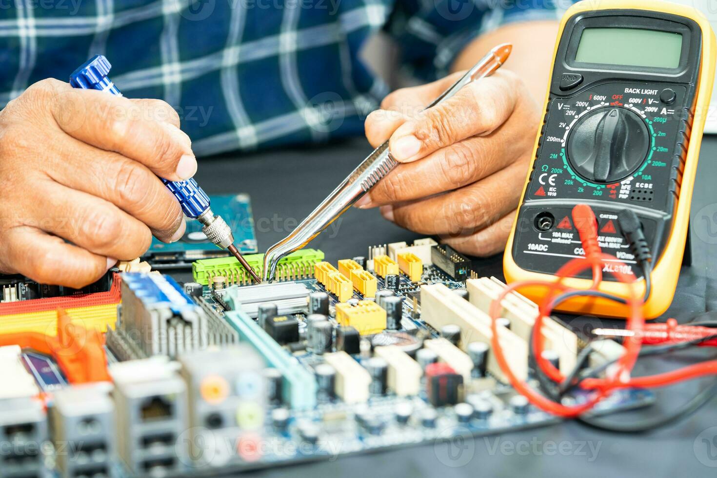 Repairing and upgrade circuit mainboard of notebook, electronic, computer hardware and technology concept. photo