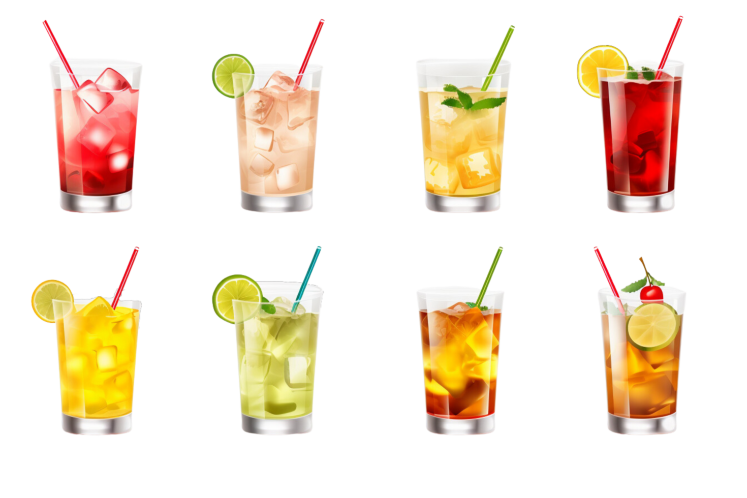 AI generated a set of different soft drinks in glasses on a transparent background png