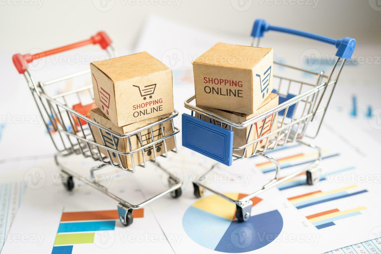 Shopping cart logo on box on graph. Banking Account, Investment economy, trading, Business import export transportation online. photo