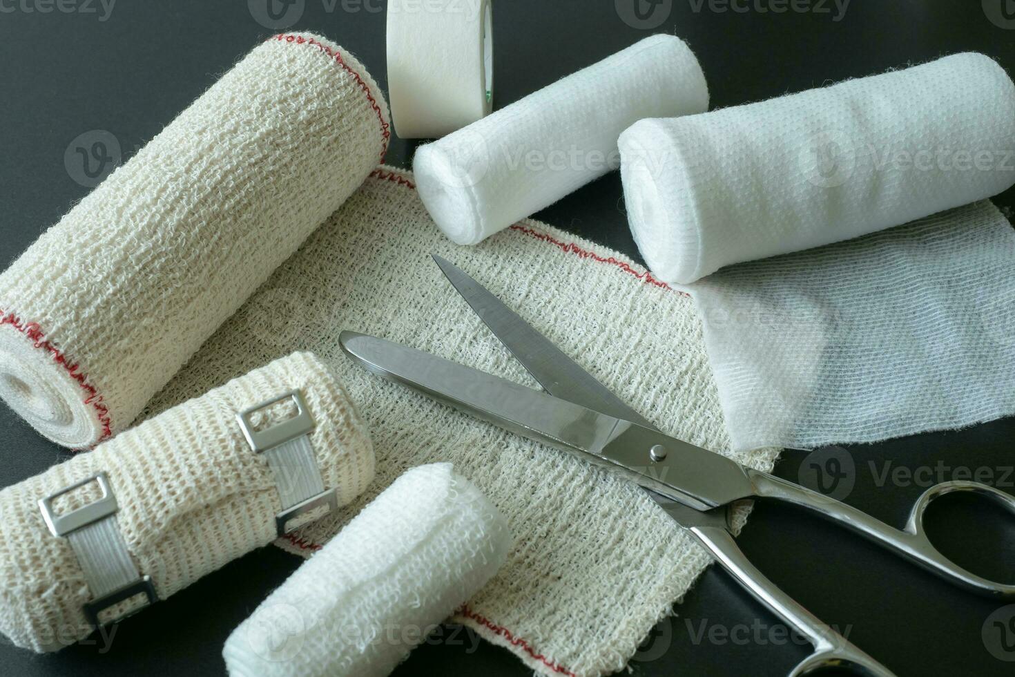 Medical bandages with scissors. Medical equipment. photo