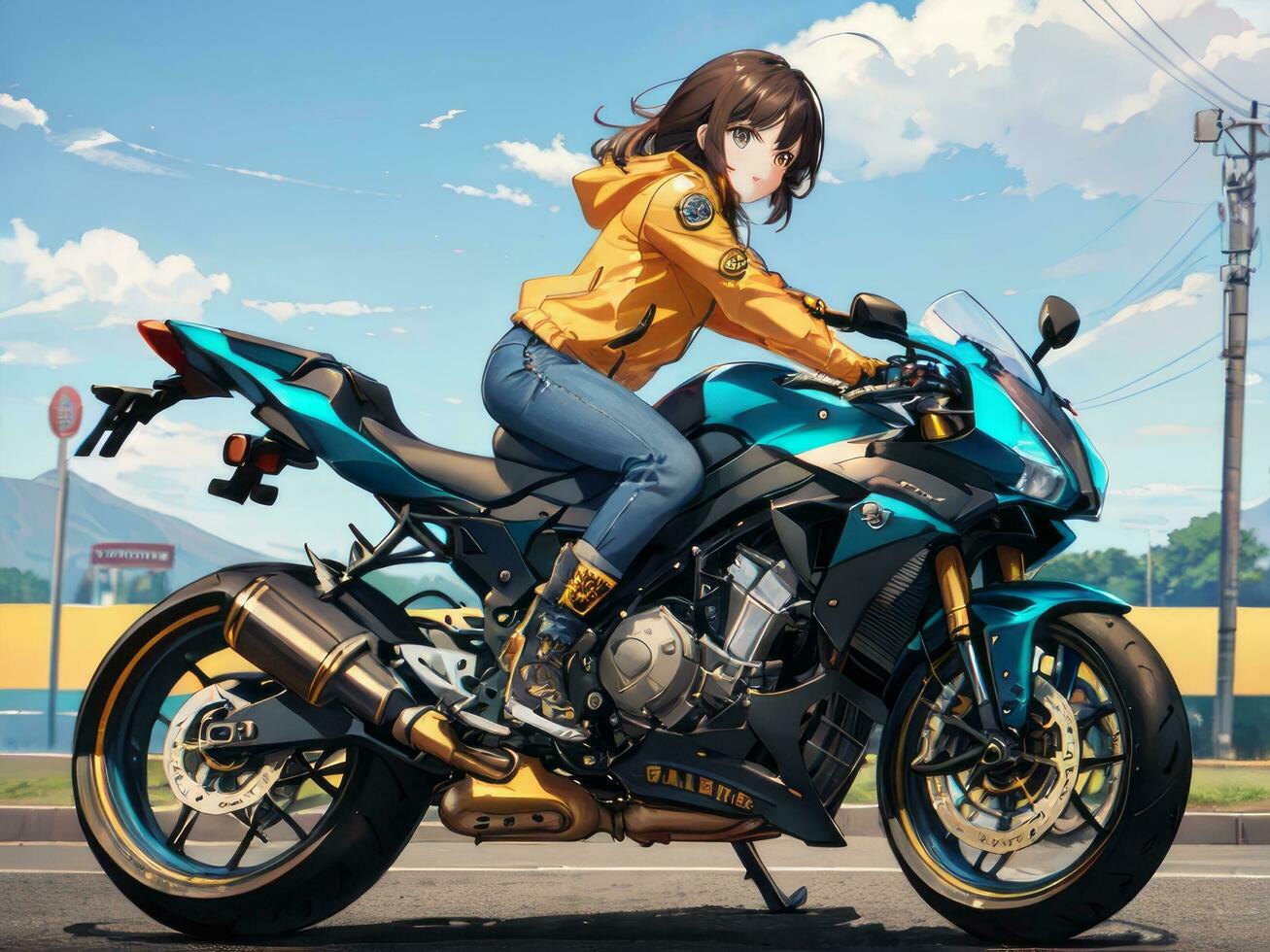 AI generated Beautiful Yellow Jacket Anime Girl Riding a Motorcycle on Gas Station Background photo