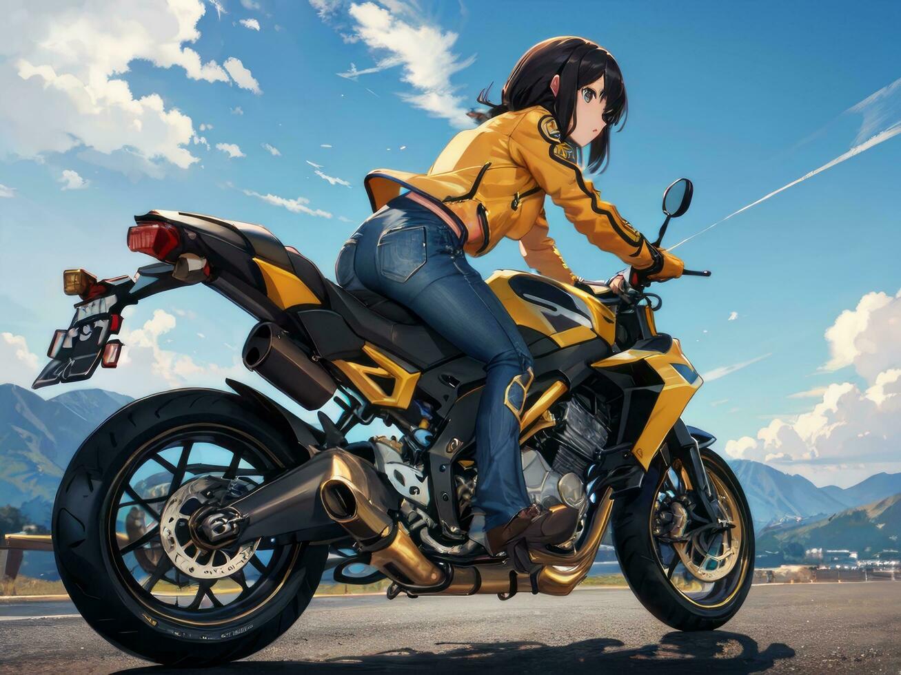 AI generated Beautiful Yellow Jacket Anime Girl Riding a Motorcycle on Gas Station Background photo