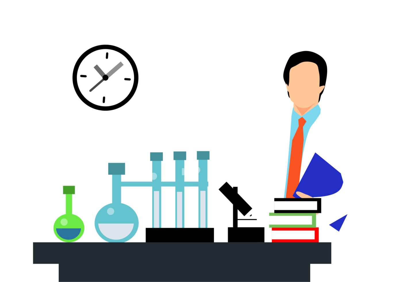 a man in a lab coat is standing in front of a table with books and a clock png