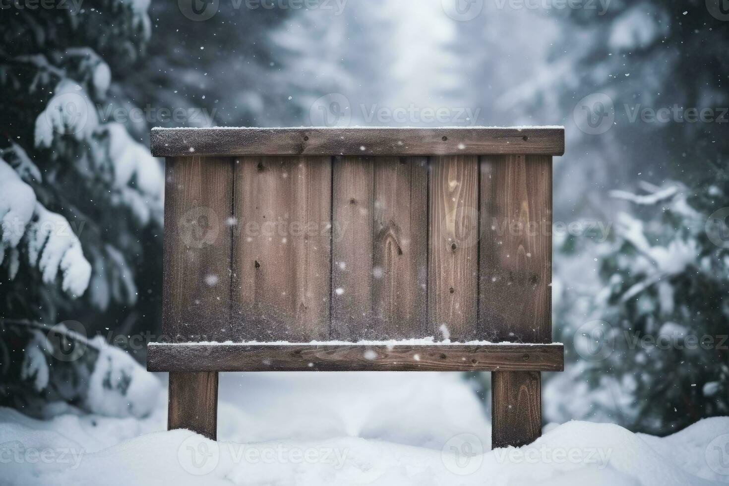 ai generado de madera firmar tablero nieve cubierto con Copiar espacio para texto foto