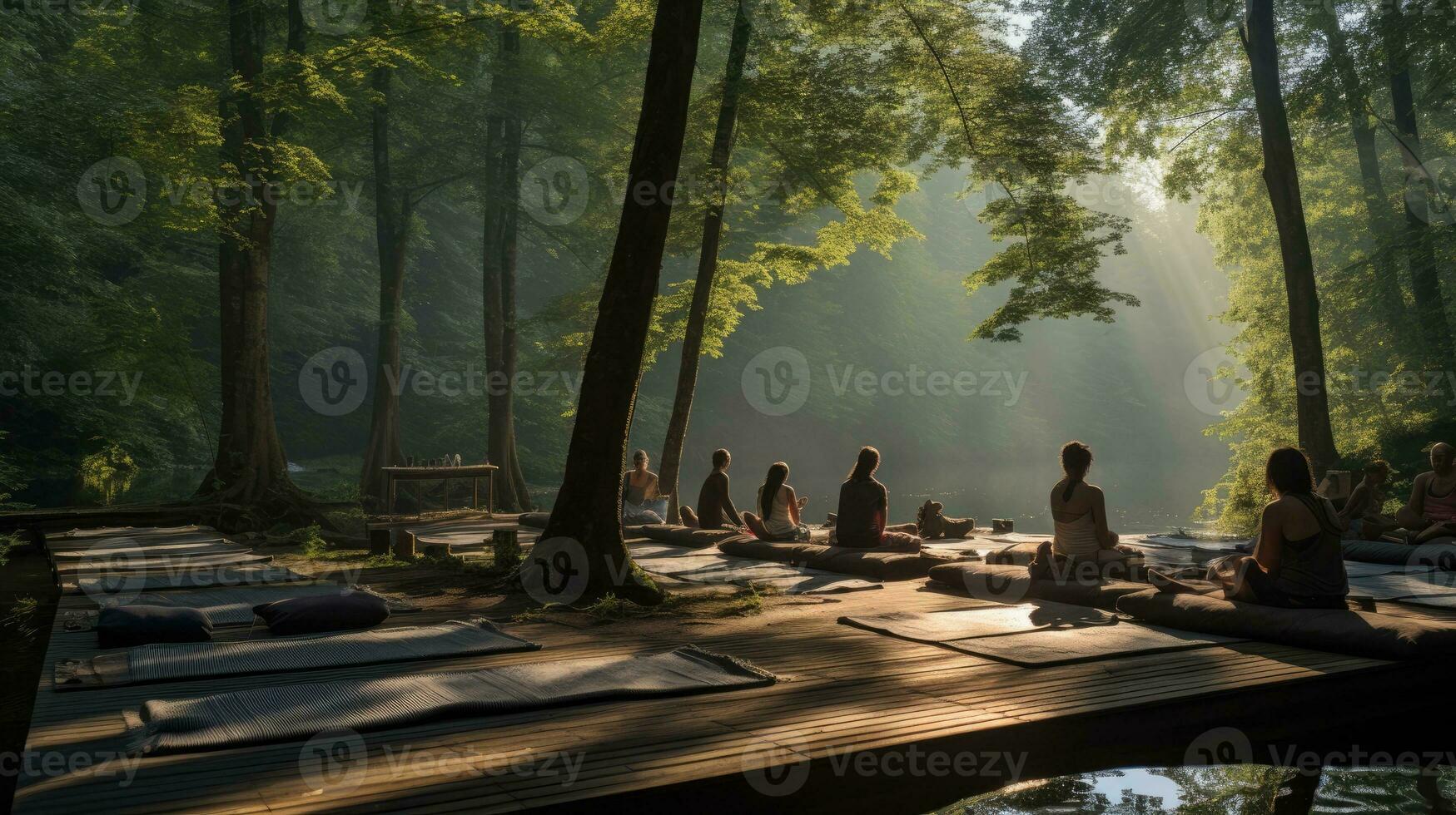 AI generated A group of people are sitting on a bridge over a river, meditating and practicing yoga photo