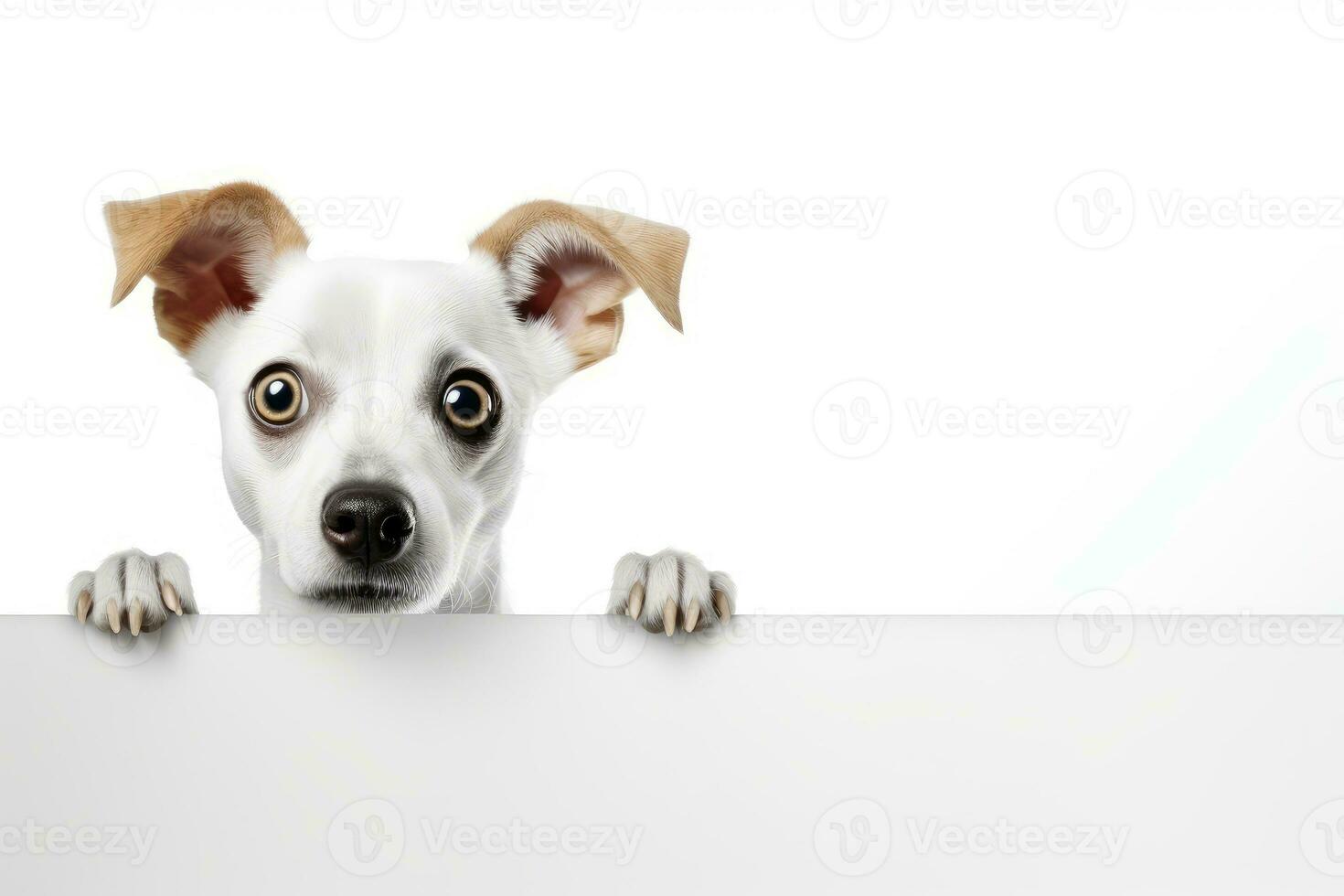 AI generated Surprised dog with big eyes looking from behind a white frame photo