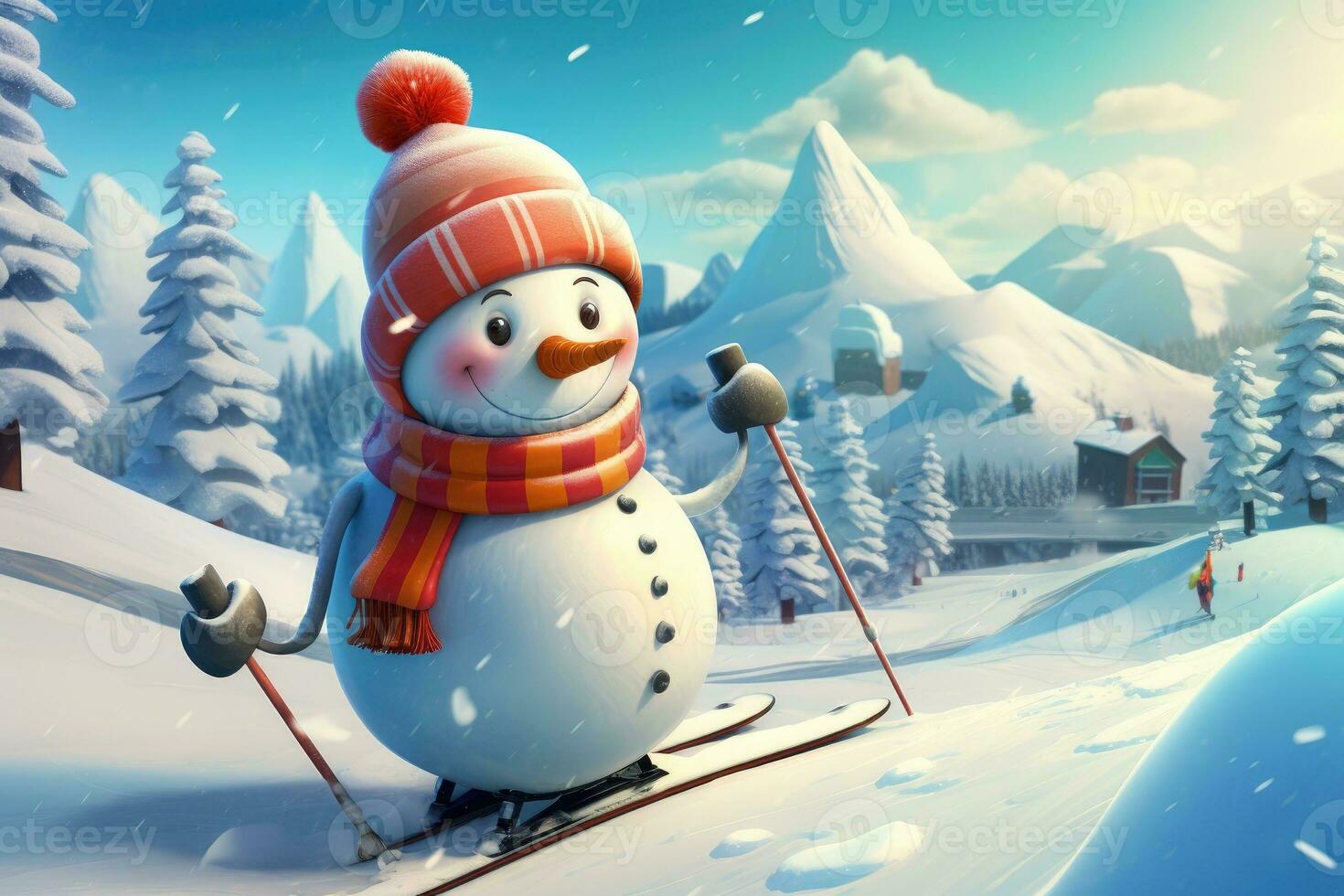 AI generated Cute snowman on skis in the mountains photo