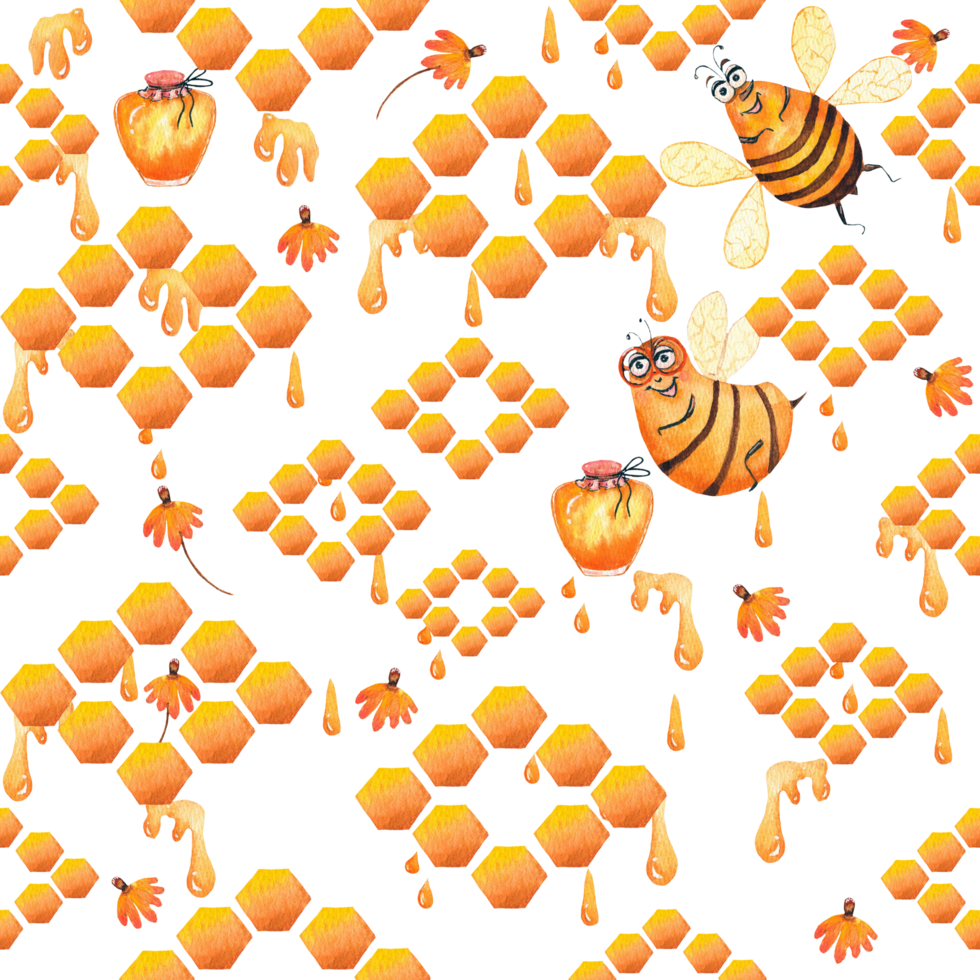 Seamless pattern with the image of plait, bee honey, honey jar and honeycomb. Watercolor png
