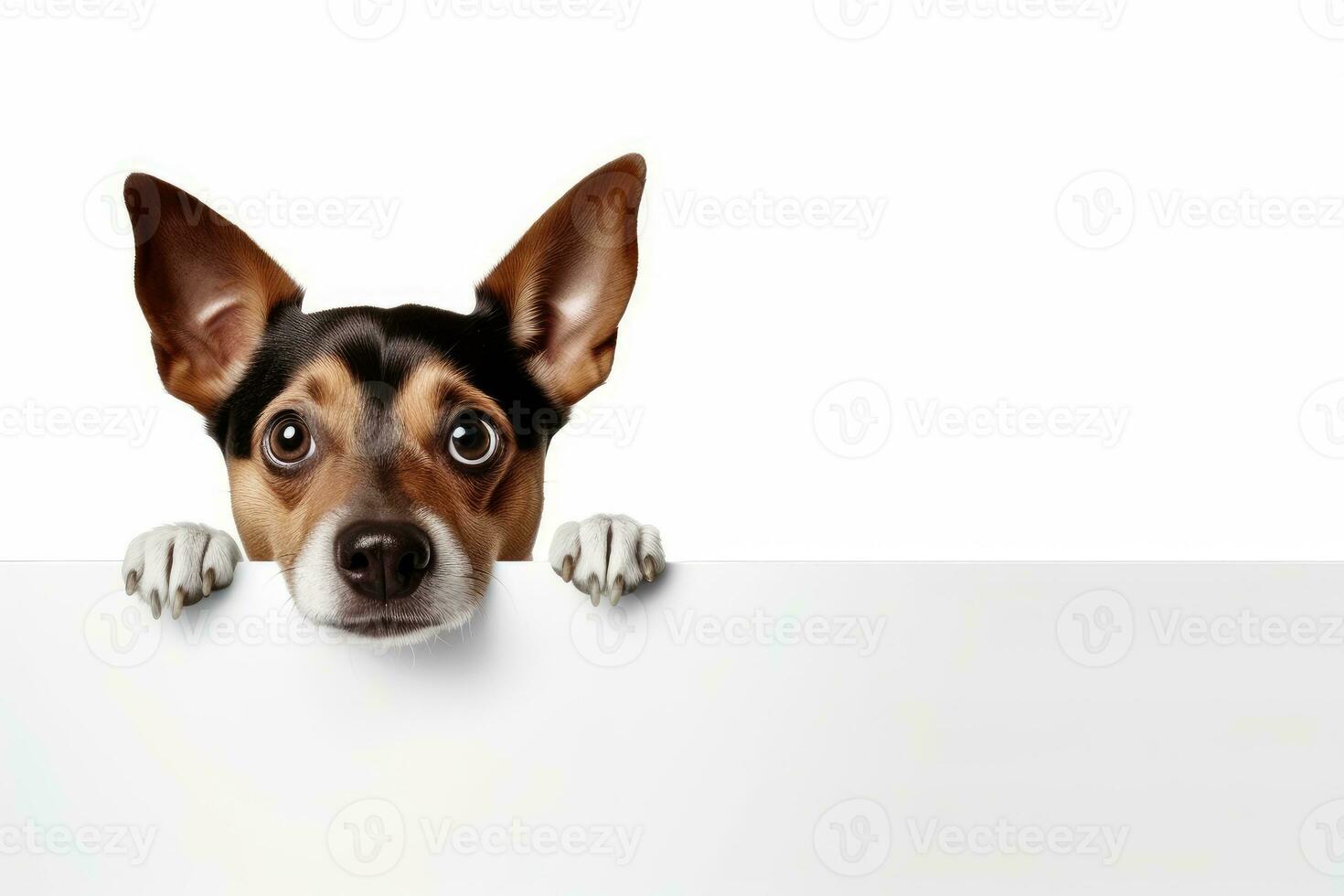 AI generated Surprised dog with big eyes looking from behind a white frame photo