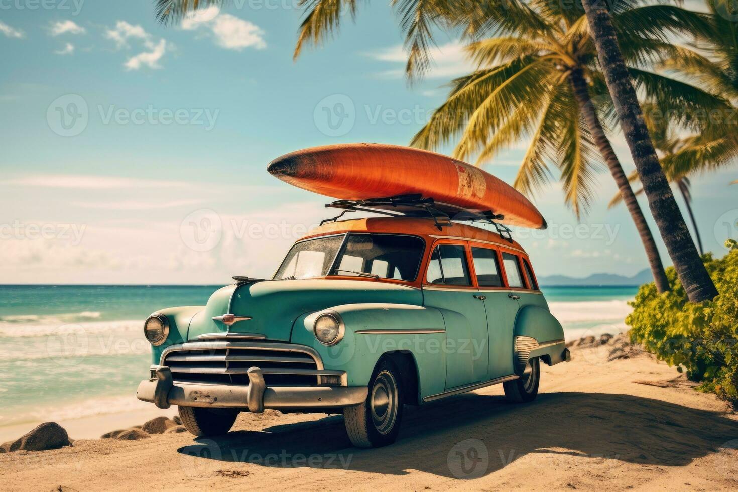 ai generado un antiguo coche estacionado en un tropical playa con un canoa en el techo. foto