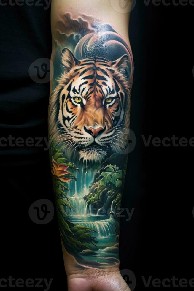 AI generated Arms of a person with a tiger tattoo photo