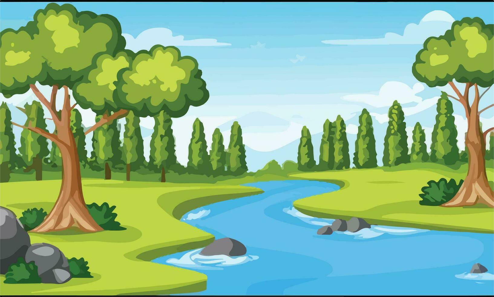 paisaje de bosque natural en escena diurna con río largo vector