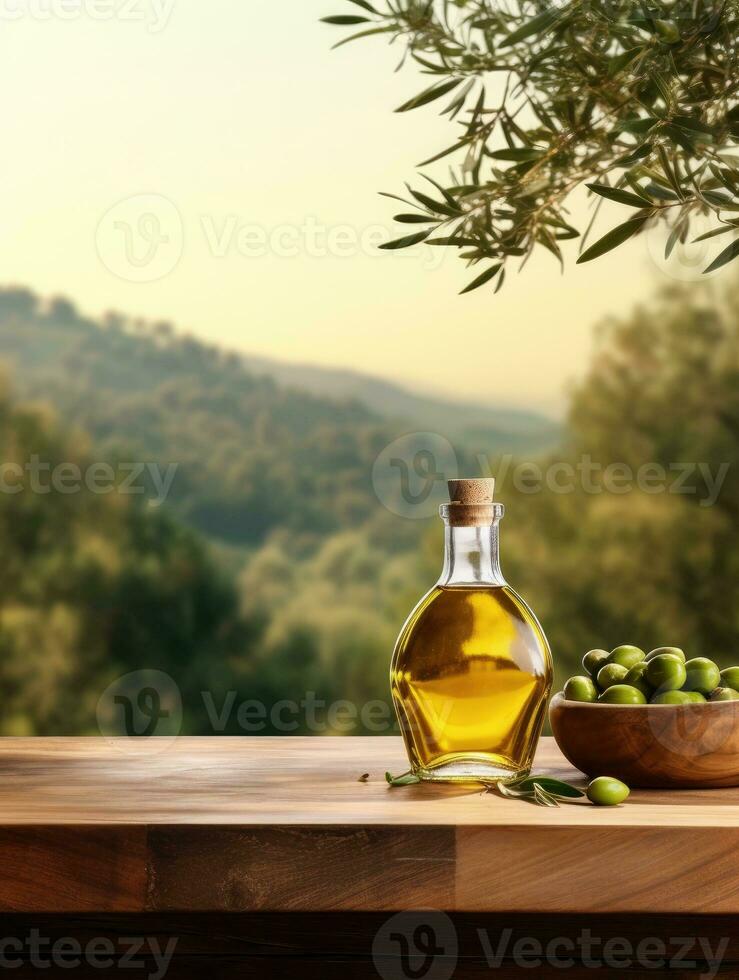 AI generated Old wooden product display table with natural green olive field and olive oil photo