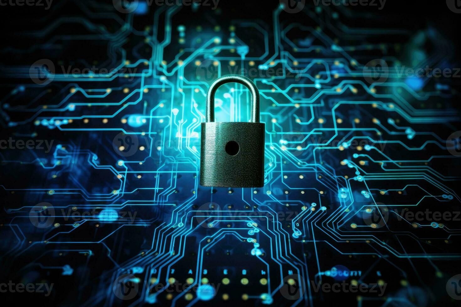 AI generated Cyber security concept. Padlock on circuit board background photo