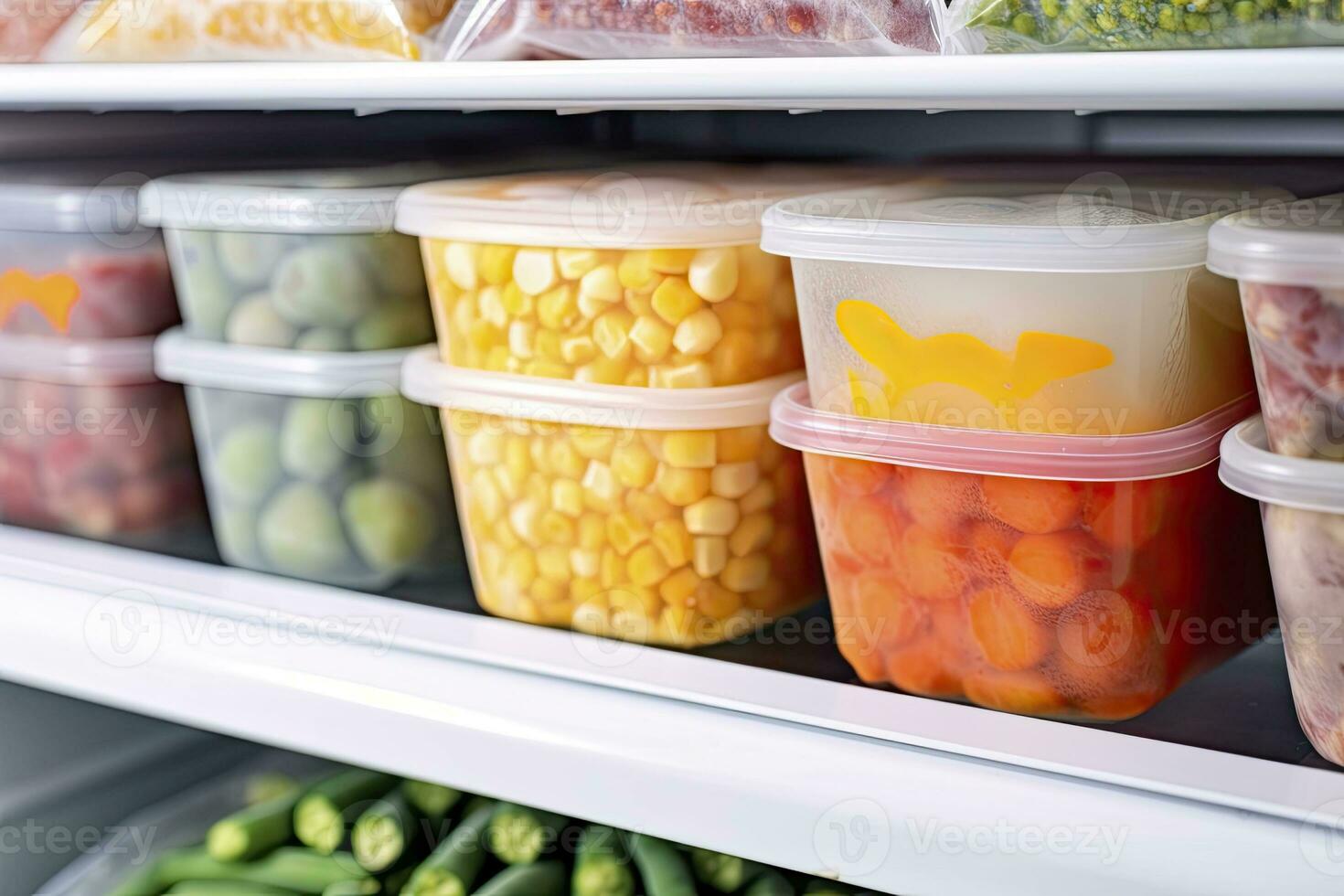 AI generated Frozen food in the freezer. Frozen vegetables. AI Generated photo