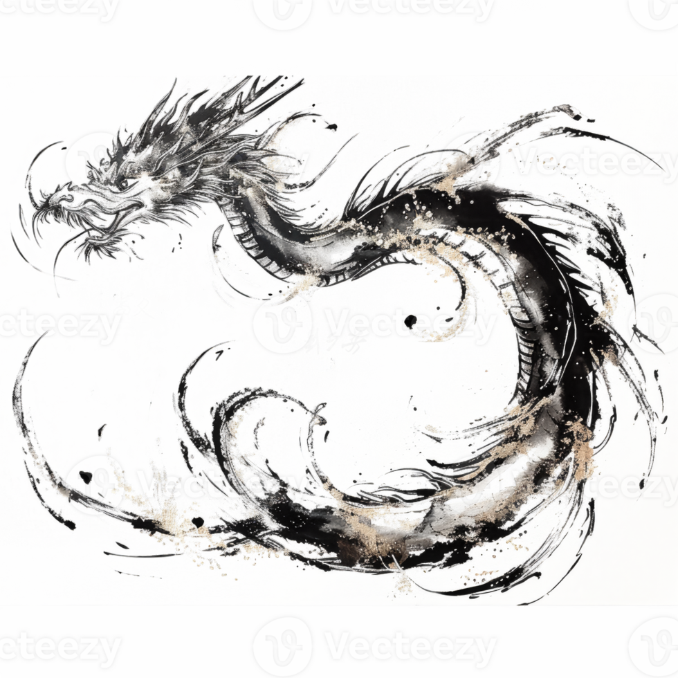 AI generated Year of the Dragon 2024 Elegant New Year's Set with Gold Accents Dragon, Ink Brush Writing, and Intricate Dragon Illustrations. png