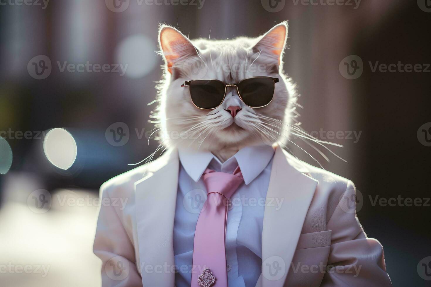 AI generated A cat is wearing sunglasses, suit and standing on street. AI Generated photo