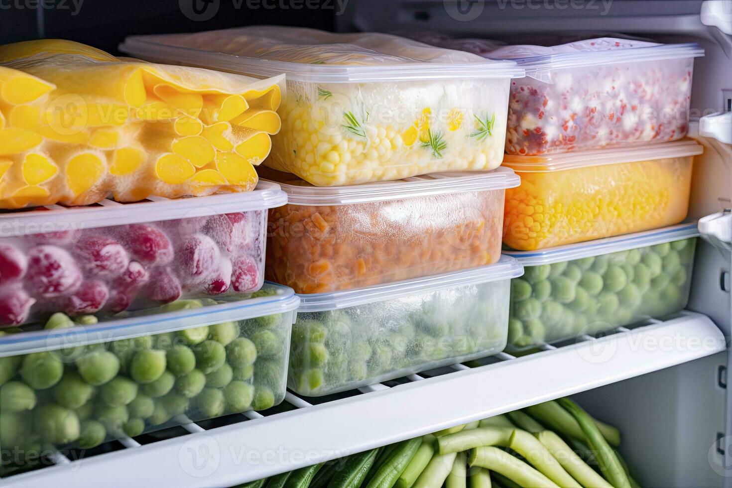 AI generated Frozen food in the freezer. Frozen vegetables. AI Generated photo