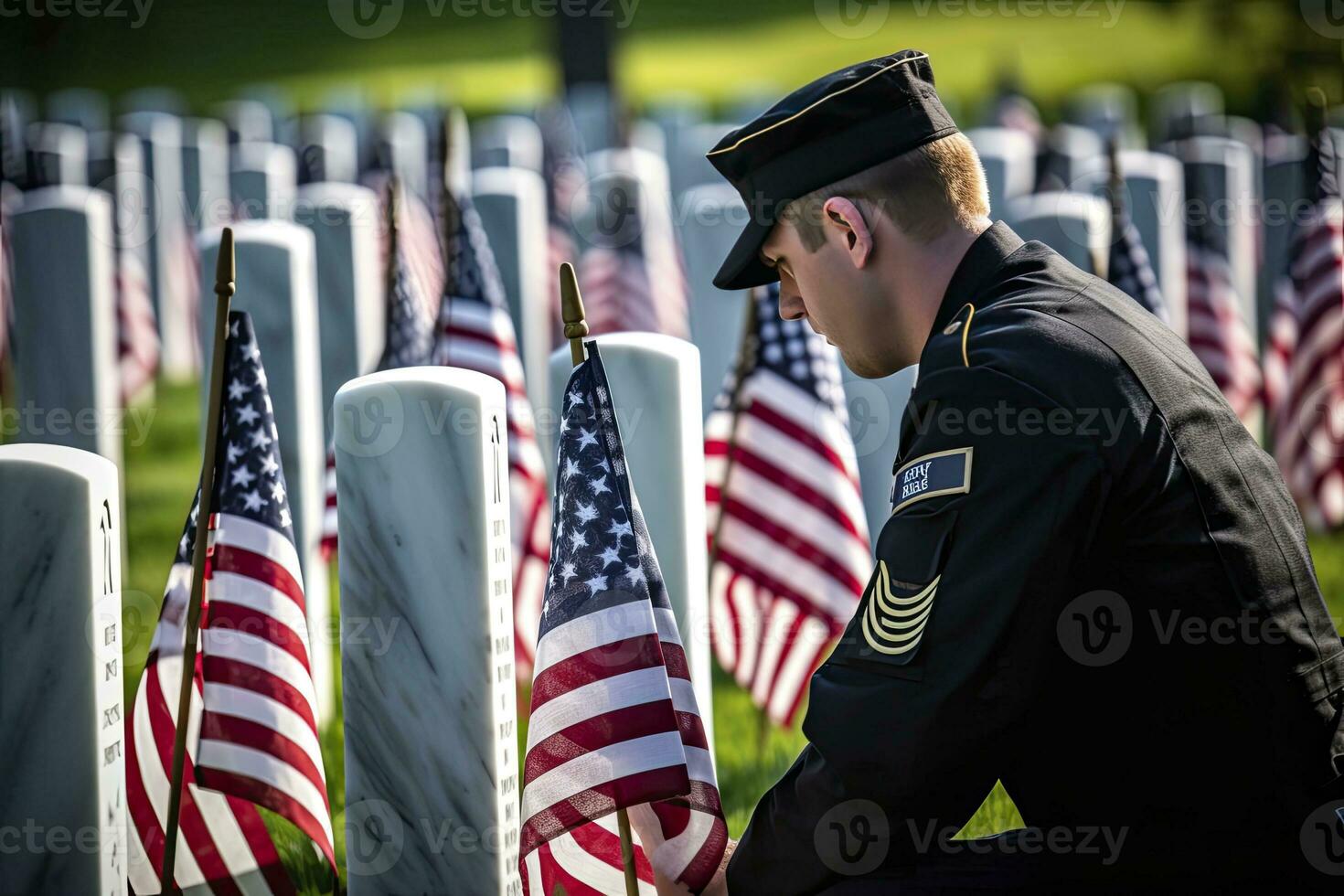 AI generated Military Headstones and Gravestones Decorated With Flags for Memorial Day.  AI Generated photo