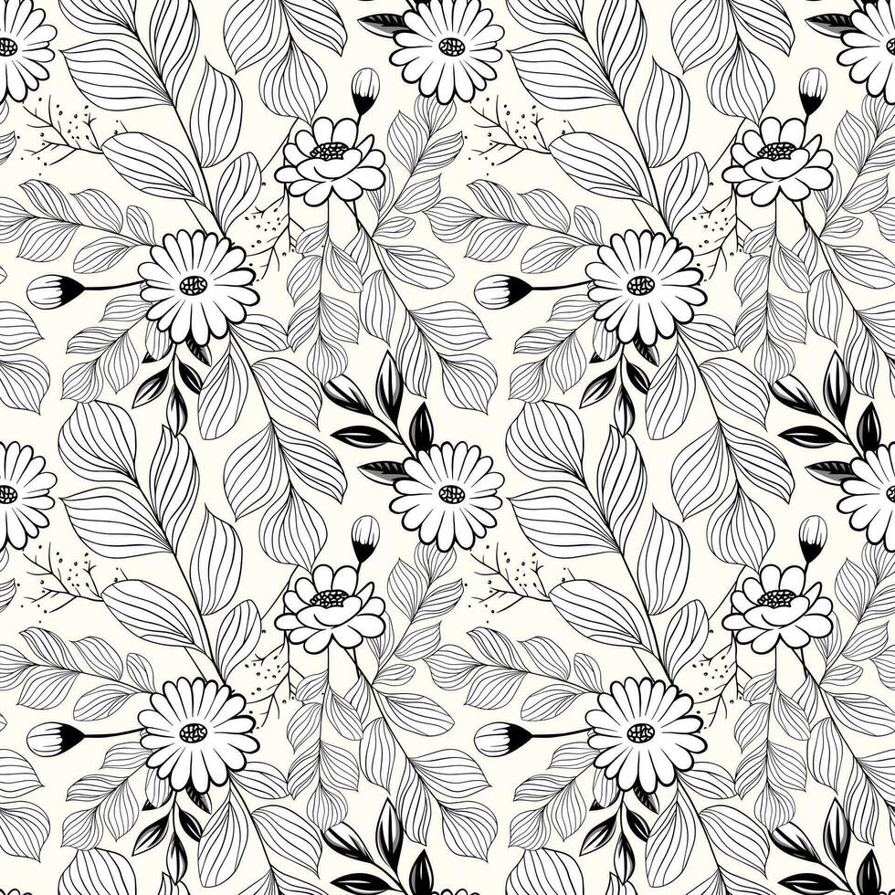 Monochrome botanical pattern. Seamless background with daisies. Hand drawn outline floral wallpaper vector