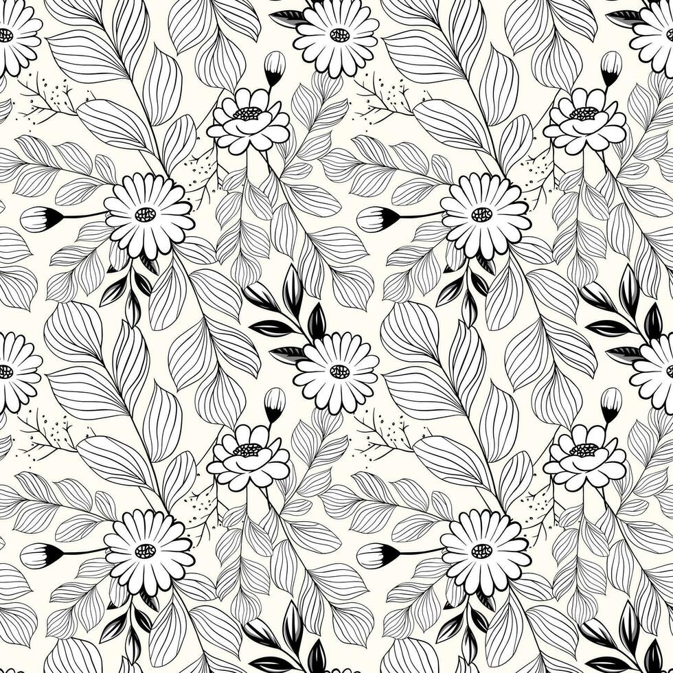 Monochrome botanical pattern. Seamless background with daisies. Hand drawn outline floral wallpaper vector