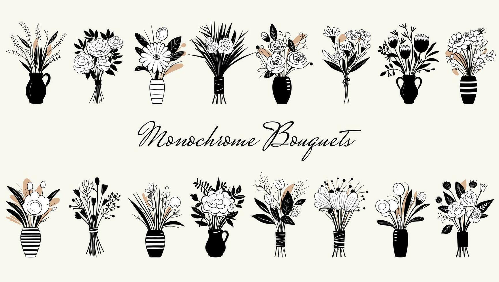Set of vector monochrome bouquets. Hand drawn spring flowers in vase. Flowers outline.