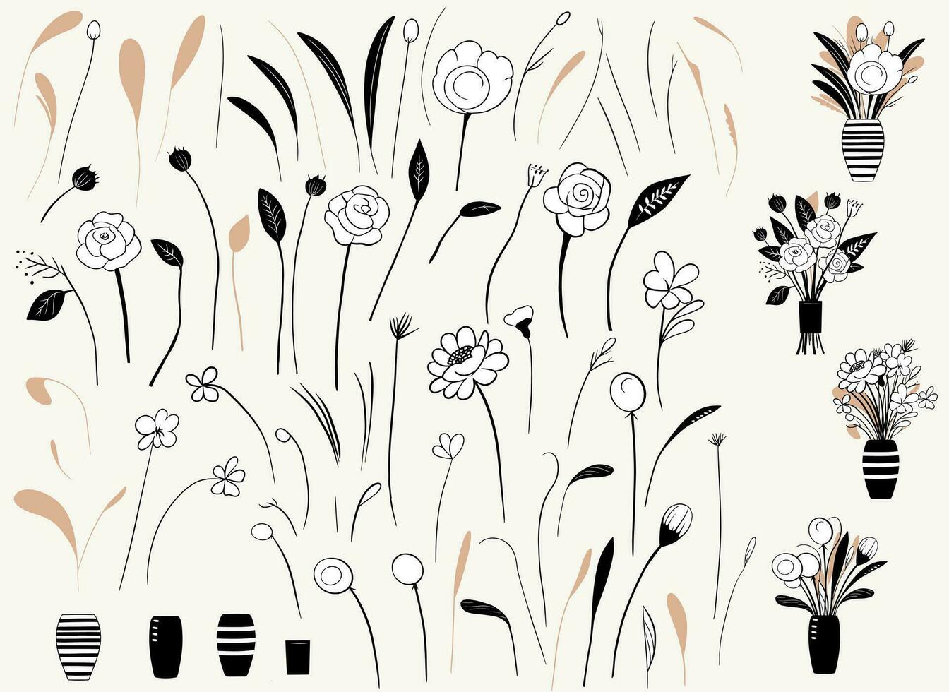 Set of monochrome elements for floral design. Flowers, buds, stem and leaves. Floral constructor. Outline bouquets. vector