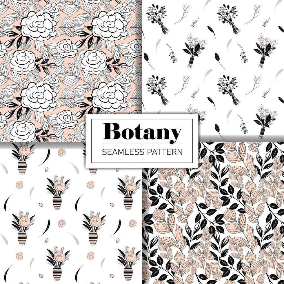 Set of monochrome botanical pattern. Seamless background with roses. Hand drawn outline floral wallpaper vector