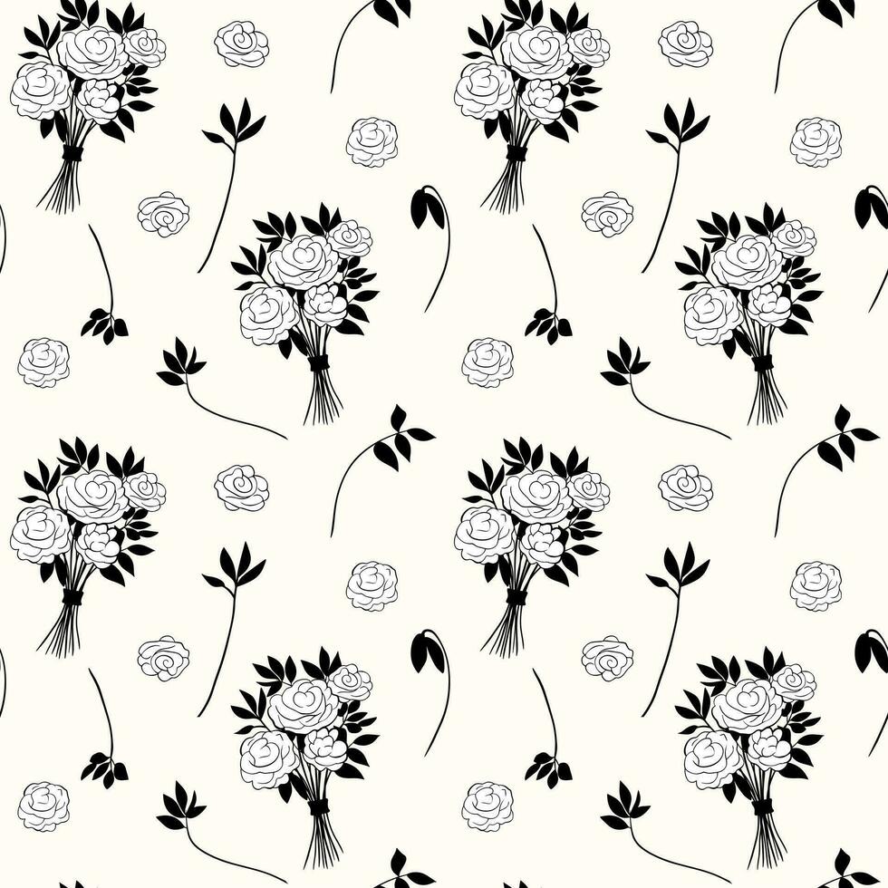 Monochrome floral pattern. Seamless background with roses and branches. Hand drawn botanical wallpaper vector