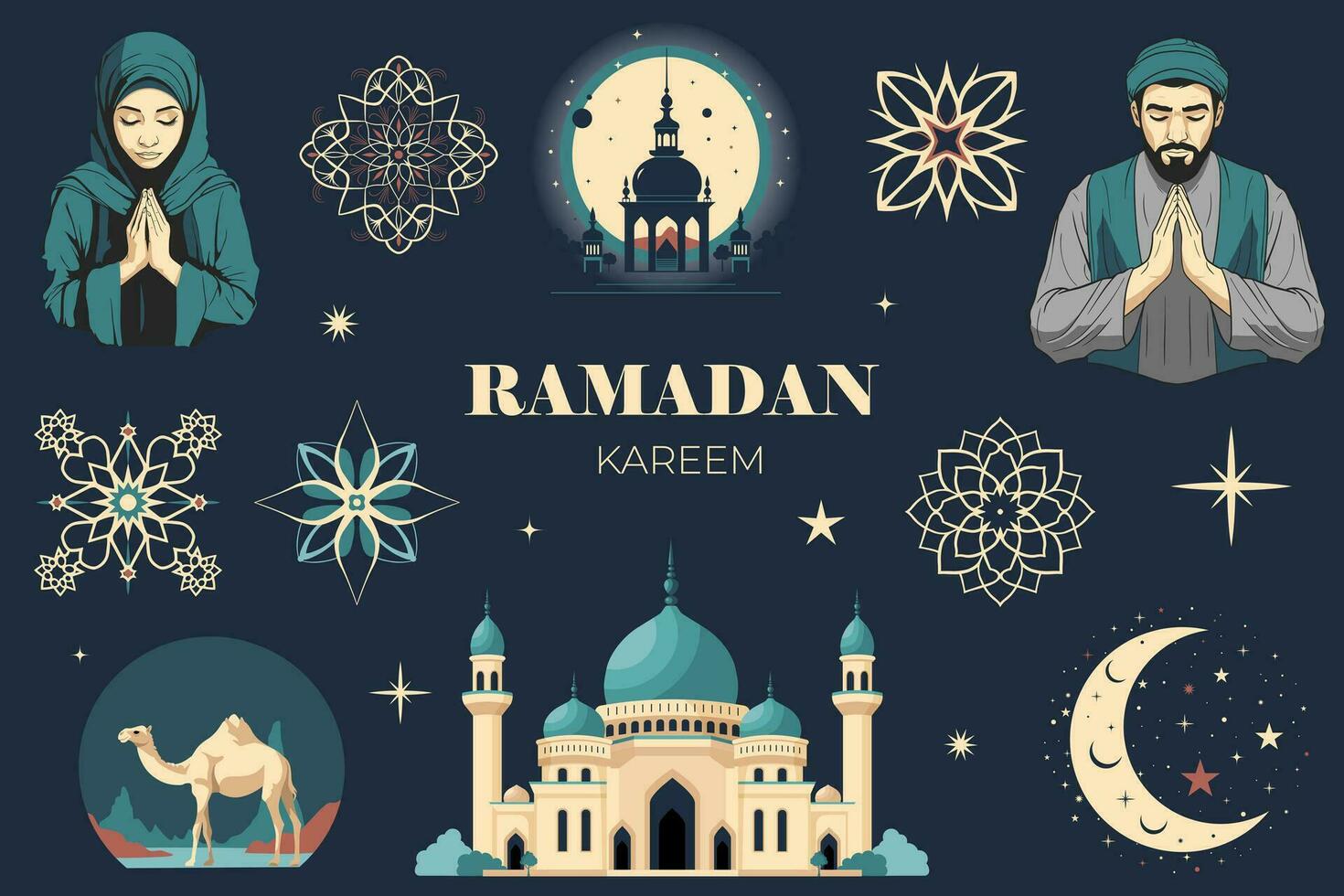 vector islámico Ramadán diseño. conjunto de Ramadán elementos. Arábica elementos para saludos. oración, mezquita, camello