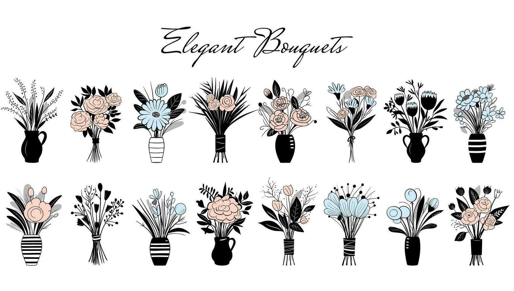 Set of vector monochrome bouquets. Roses, daisy. Hand drawn spring flowers in vase.