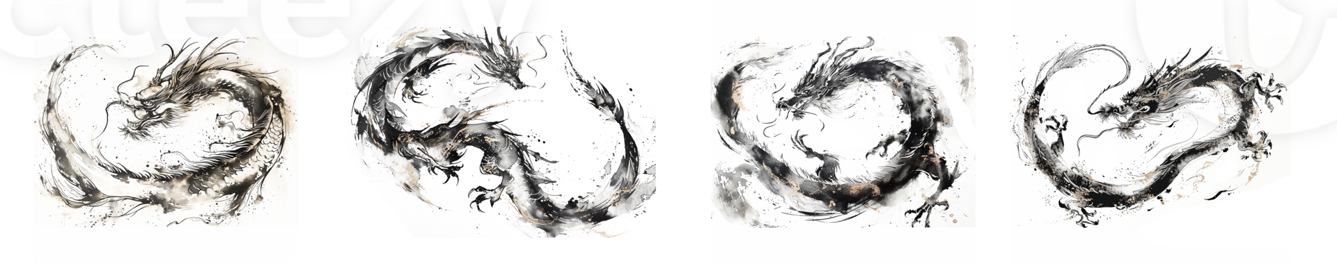 AI generated Year of the Dragon 2024 Elegant New Year's Set with Gold Accents Dragon, Ink Brush Writing, and Intricate Dragon Illustrations. png
