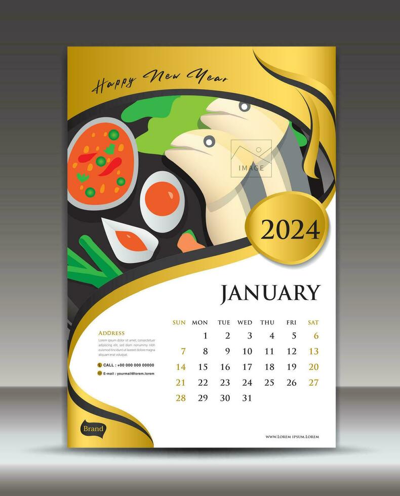 calendario 2024 modelo tailandés comida concepto vector, enero plantilla, escritorio calendario 2024 vector diseño, pared calendario 2024 año, impresión medios de comunicación, póster, folleto volantes vector, oro antecedentes