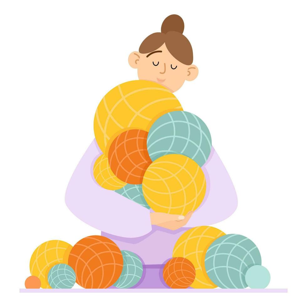 Young woman with many balls of yarn vector