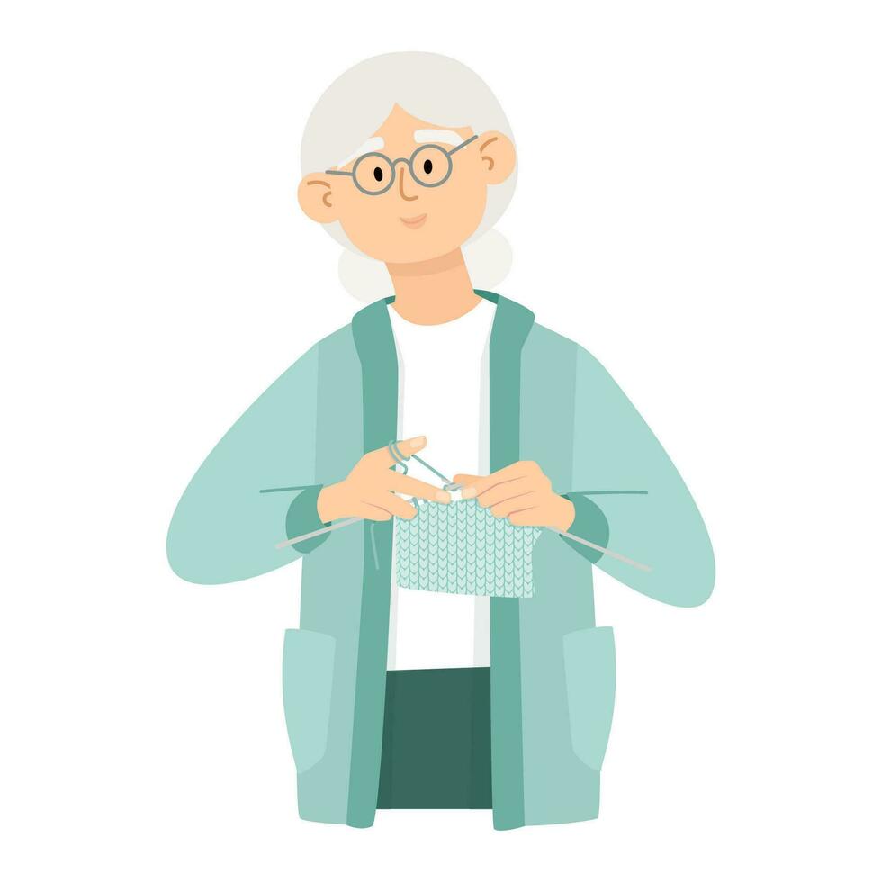 Elderly sweet grandmother knits with knitting needles vector