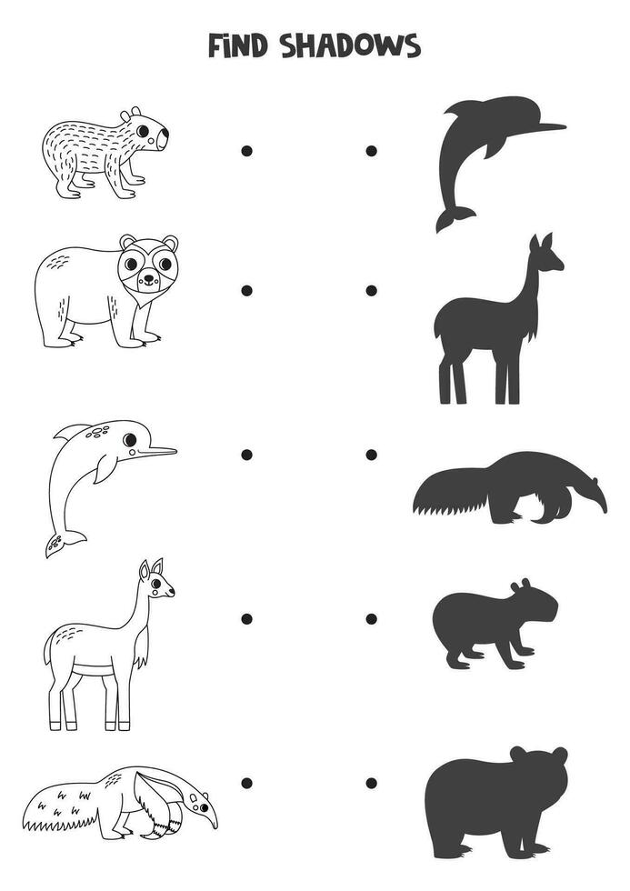 encontrar el correcto oscuridad de negro y blanco sur americano animales lógico rompecabezas para niños. vector