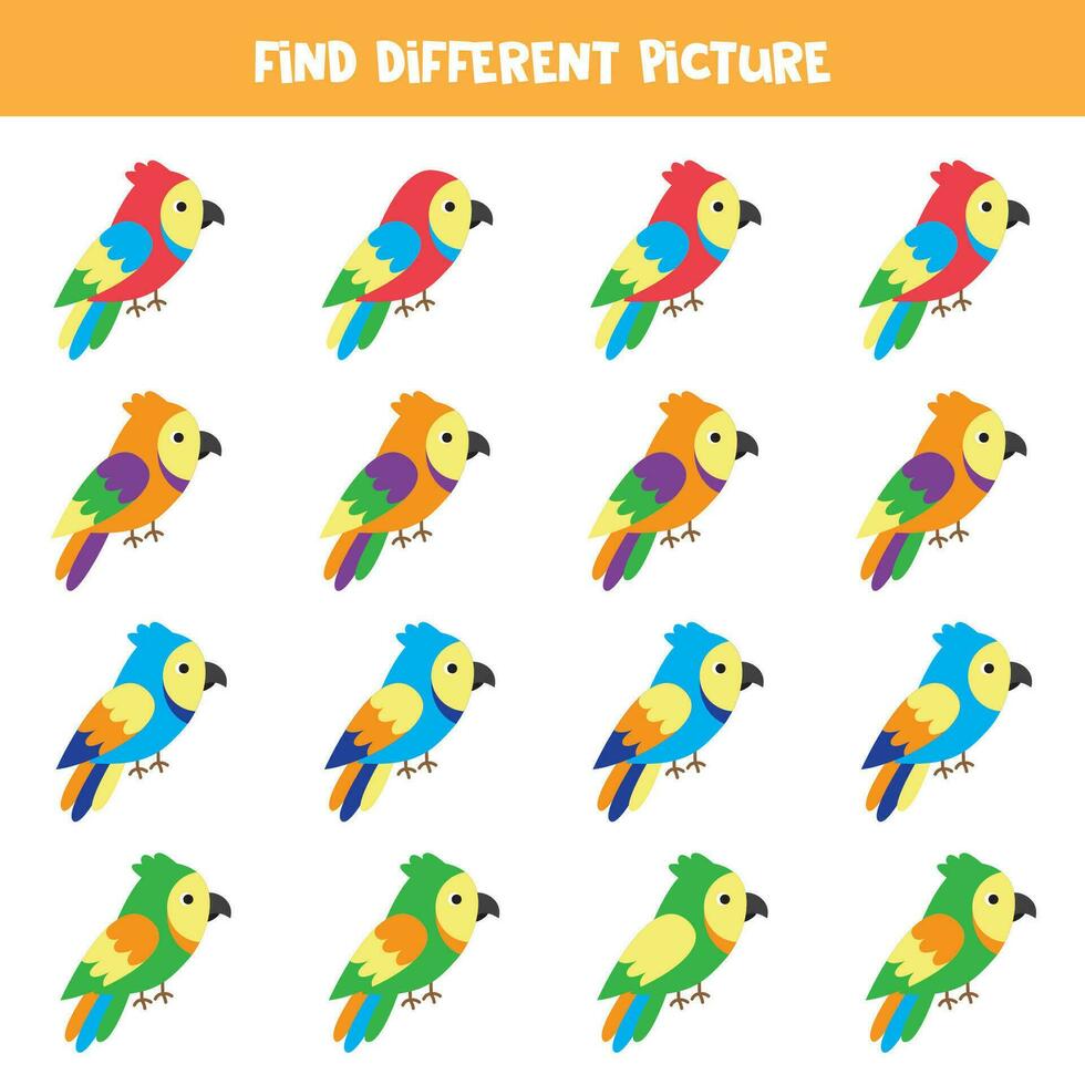 Find different parrot in each row. Logical game for preschool kids. vector